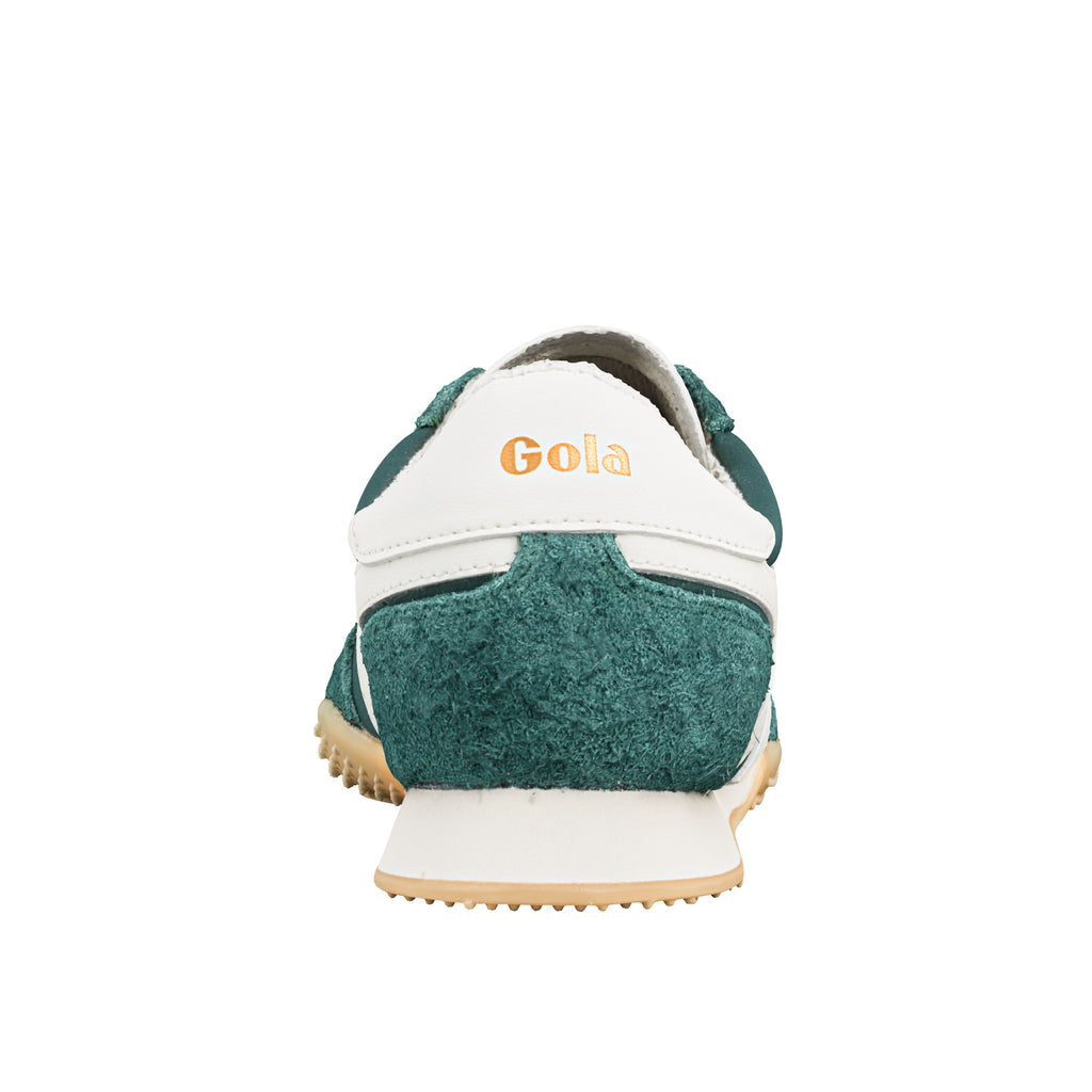 Rear view of a green and white Gola trainer with a gum sole