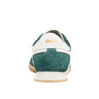Rear view of a green and white Gola trainer with a gum sole