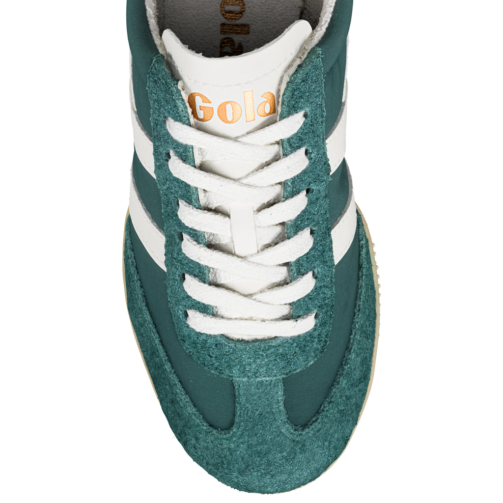 Top view of a green and white Gola trainer with white laces