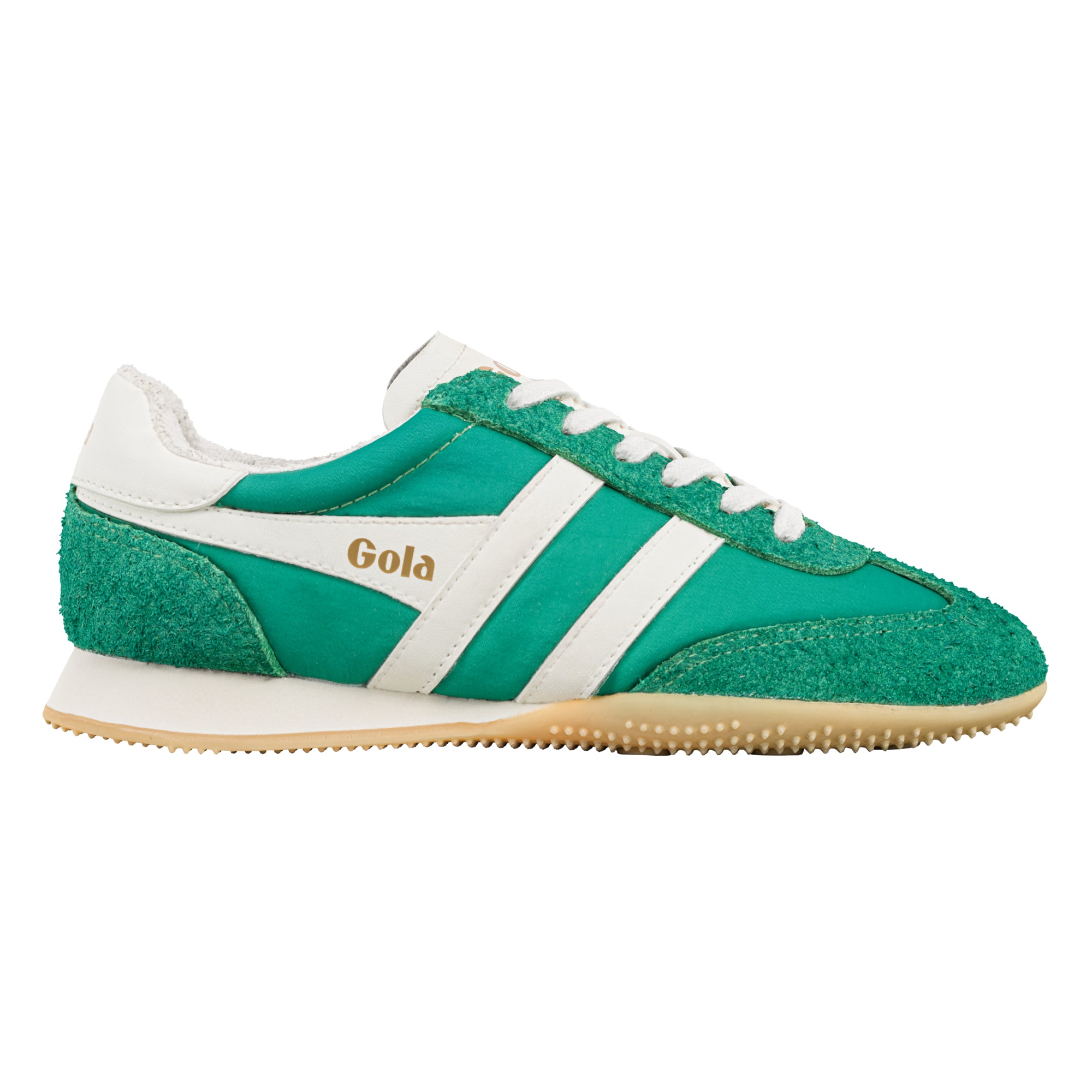 Gola Harrier 72 trainer in green with white stripes and laces