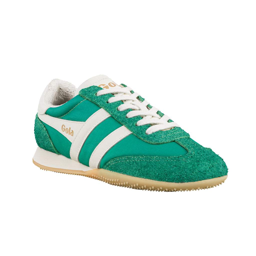 Gola Harrier trainer in green suede with white stripes and laces