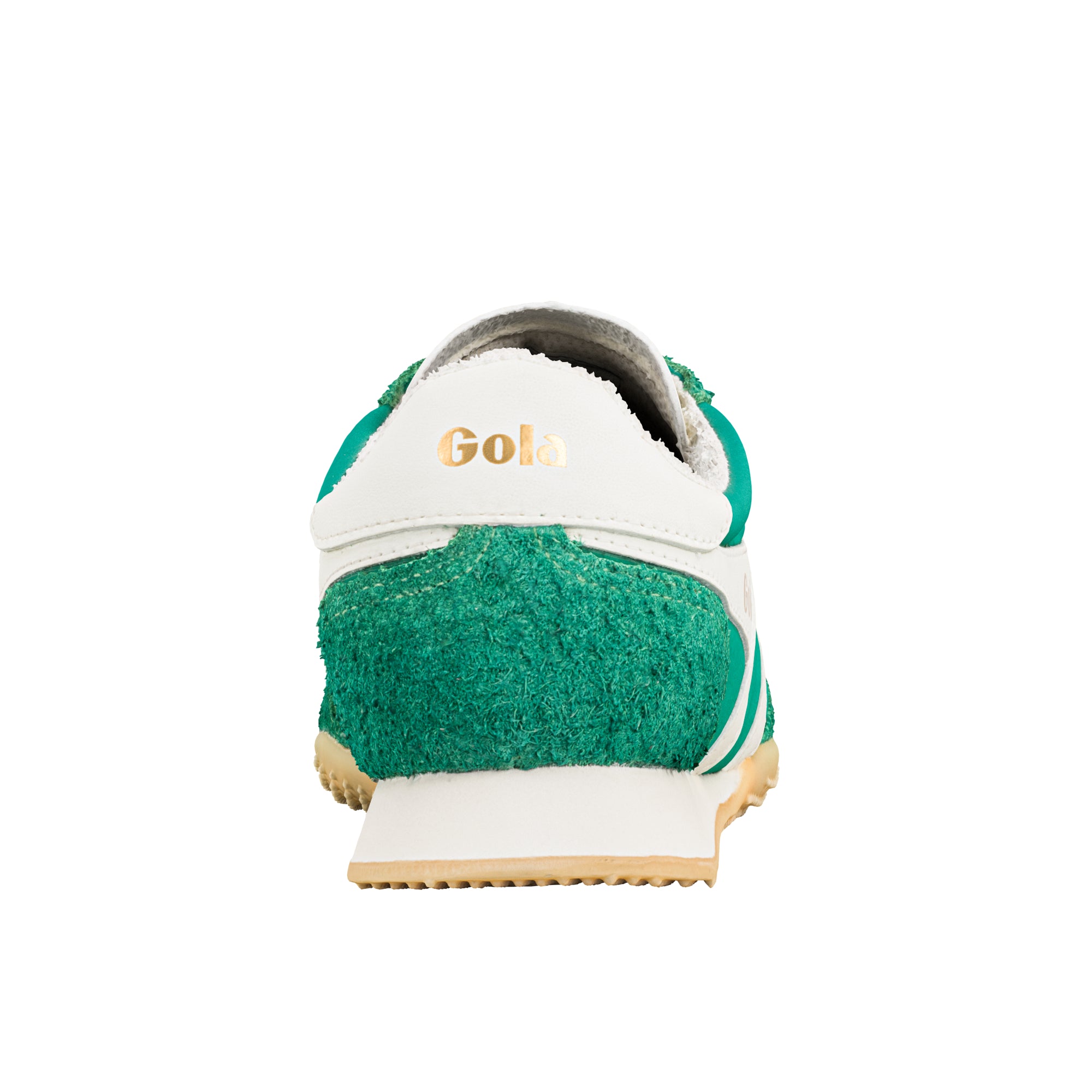 Rear view of a green and white Gola trainer with a gold Gola logo on the heel