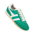 Gola Harrier trainer in green suede and nylon with white laces and side stripes