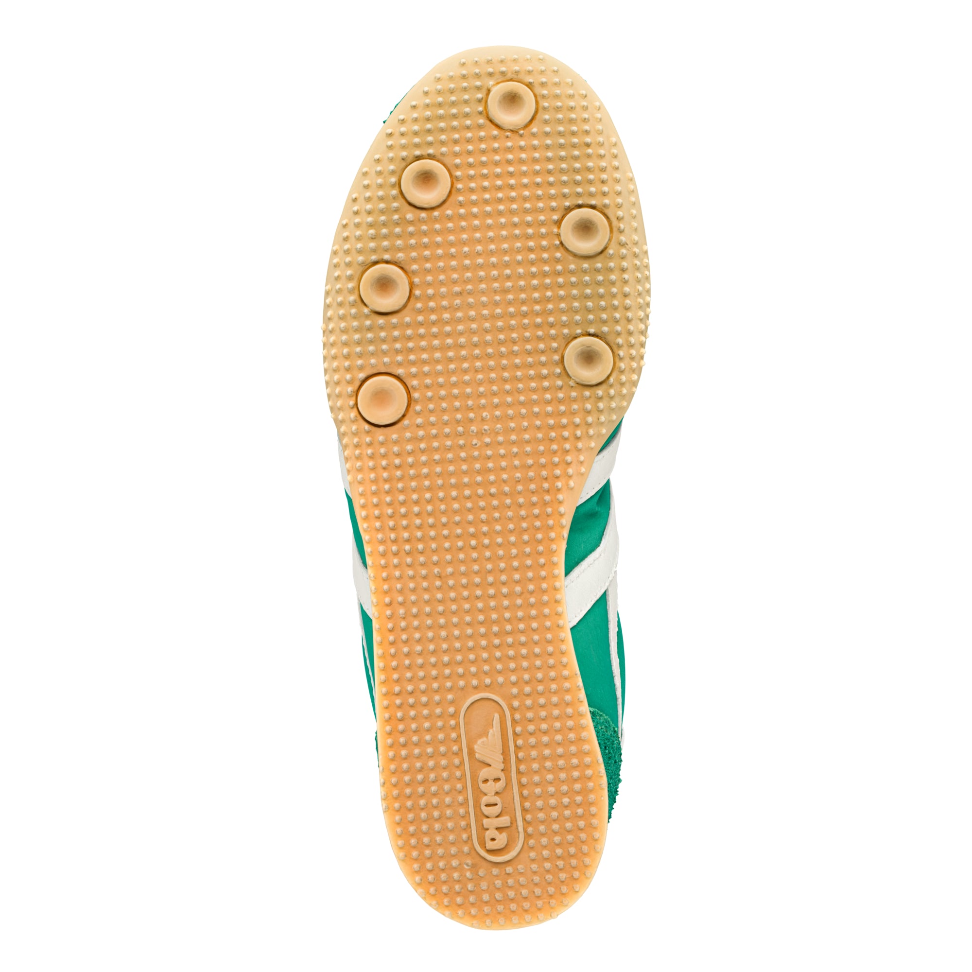 Underside of a green and white trainer with a tan sole and Gola branding