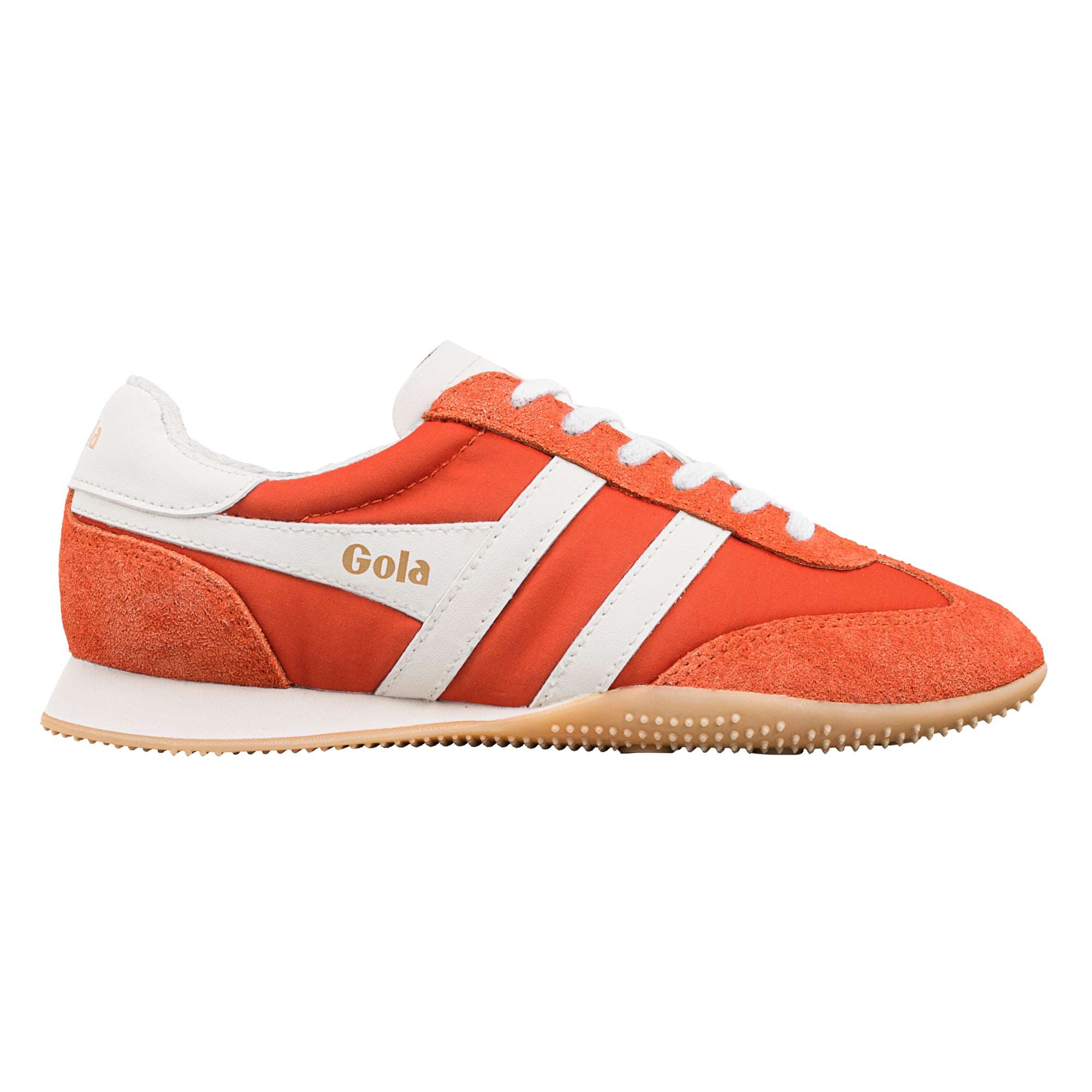 Orange and white Gola trainer with suede detailing and gum sole