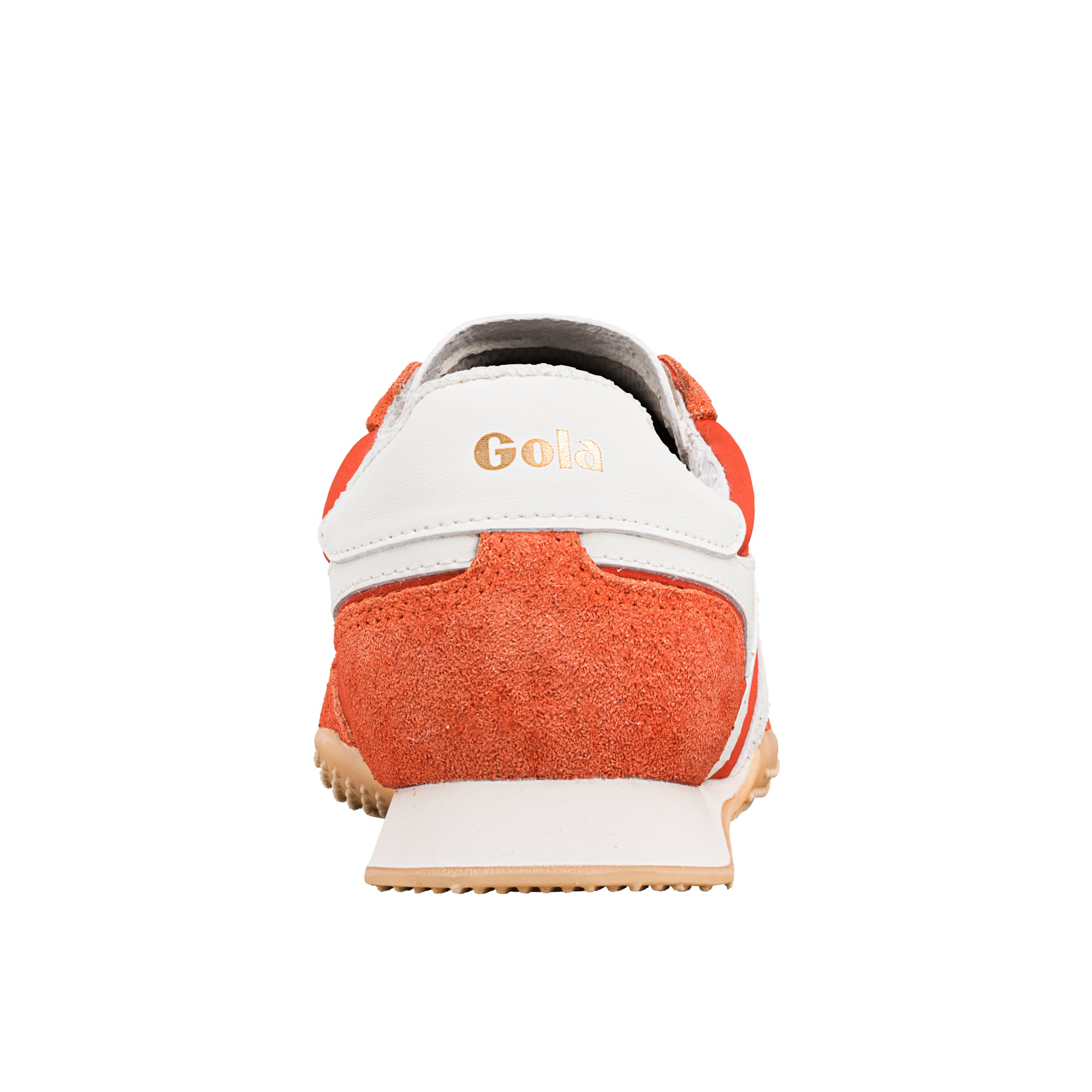 Rear view of an orange and white Gola trainer with a gum sole