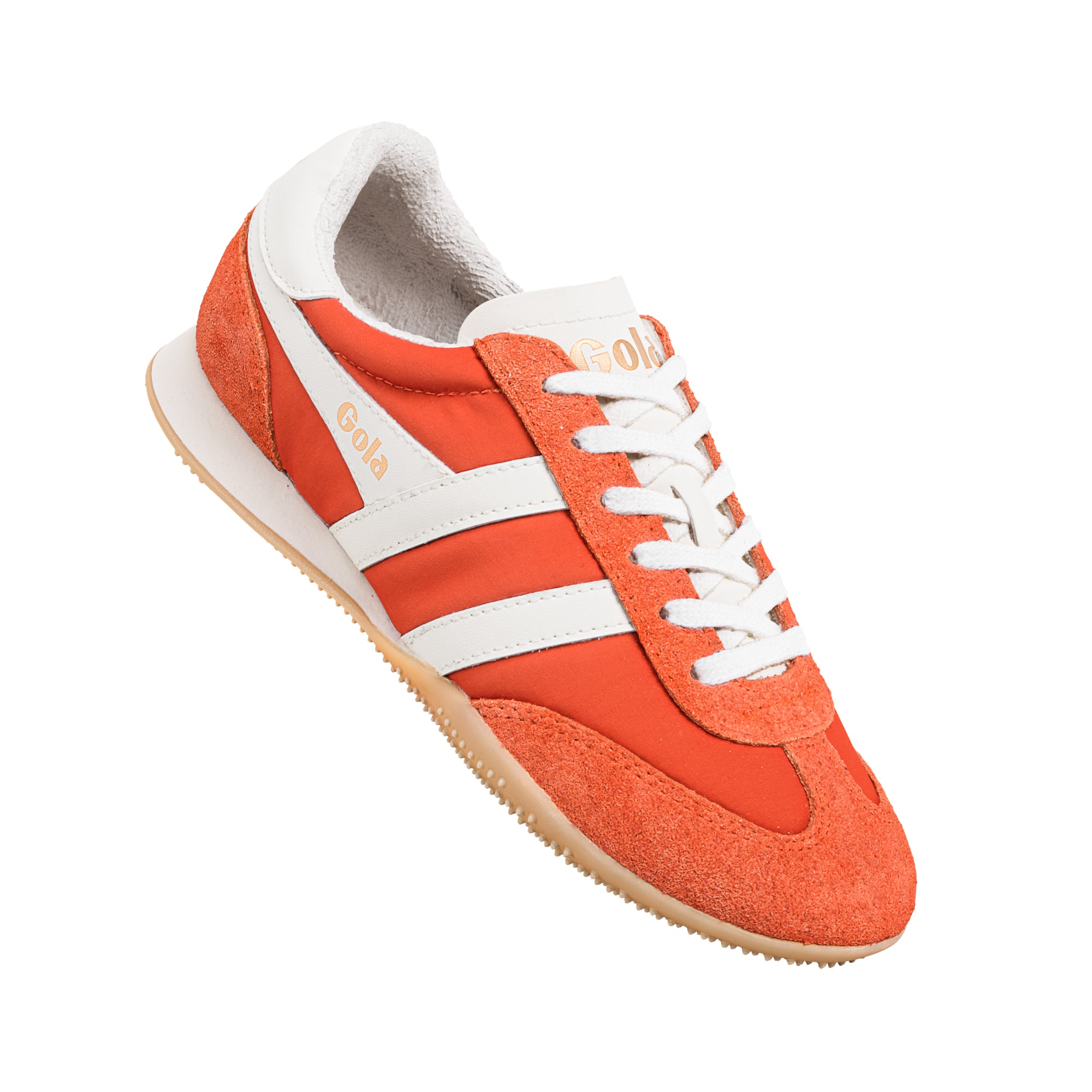Orange and white Gola trainer with suede detailing and gum sole