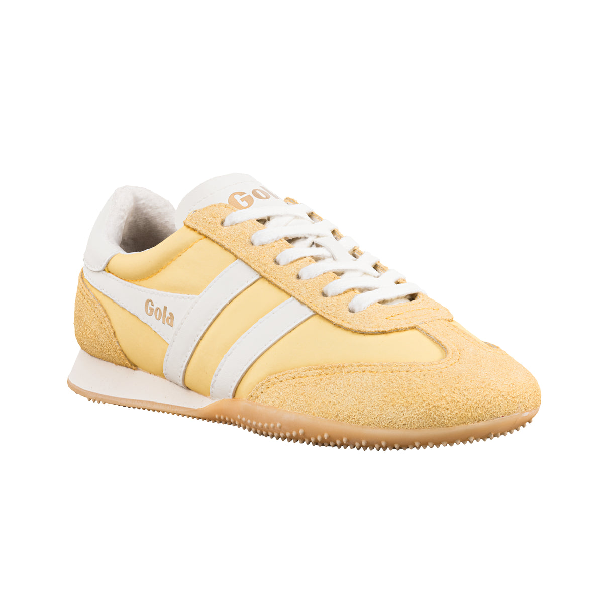 Gola Classics yellow and white suede trainer with white laces and gum sole