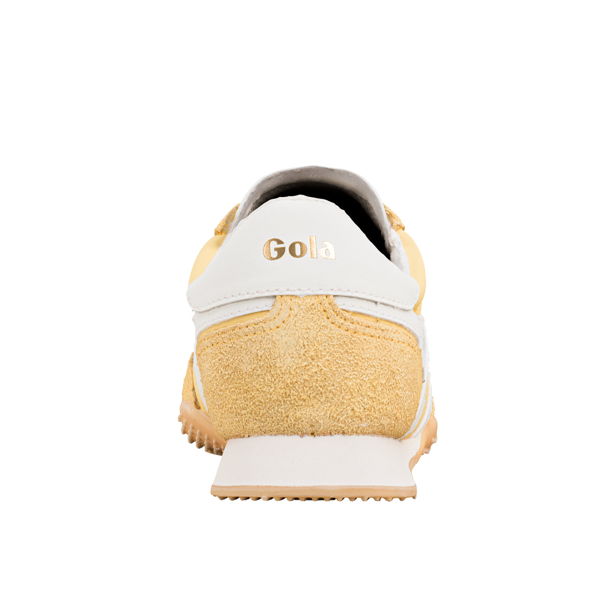 Rear view of a yellow and white Gola Classics trainer