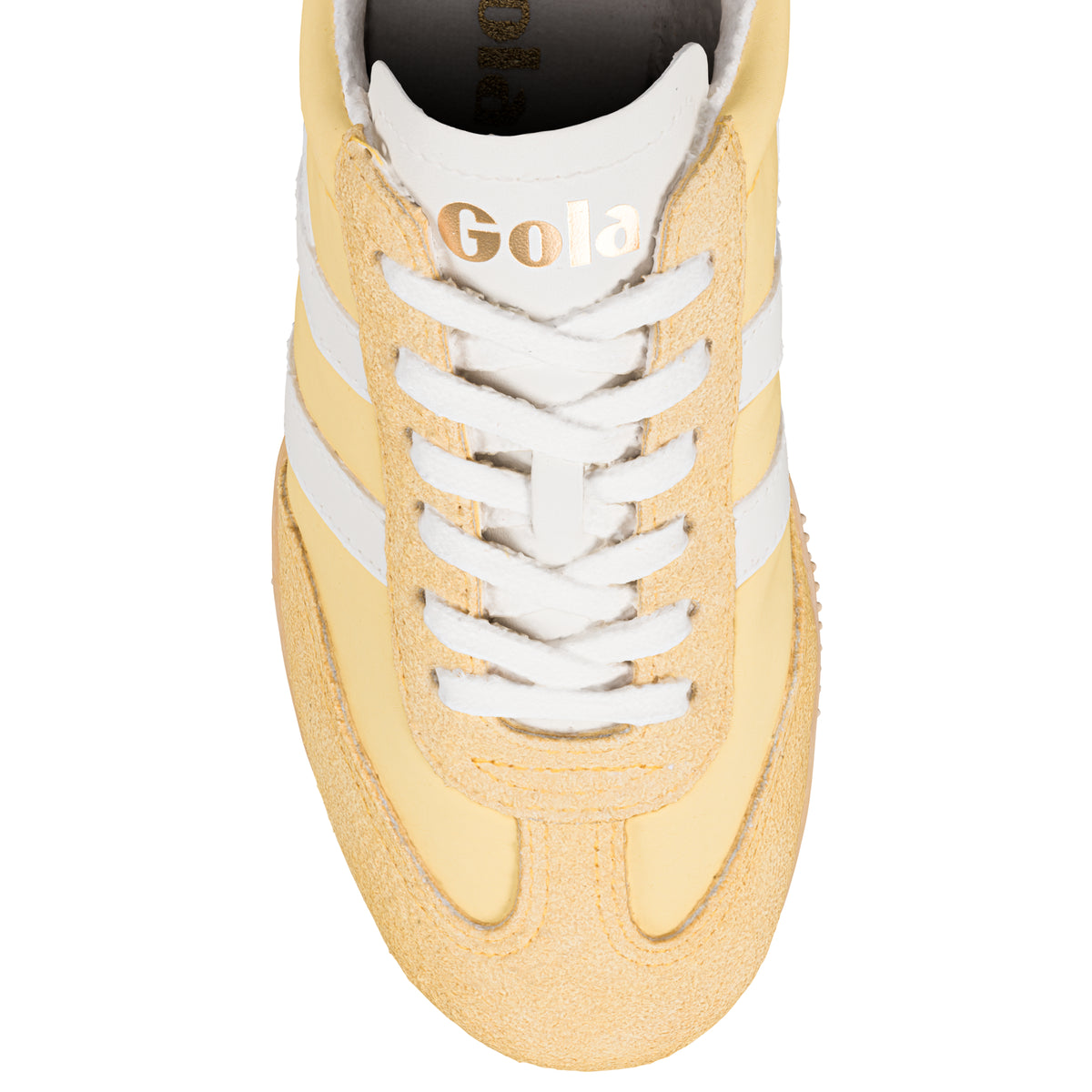 Top view of a yellow Gola Classics trainer with white laces and white side stripes