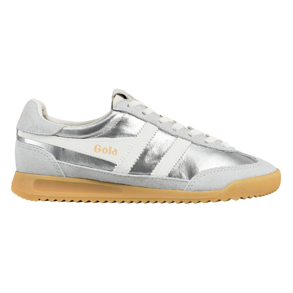 Gola Bullet trainers in silver with white stripes and a gum sole