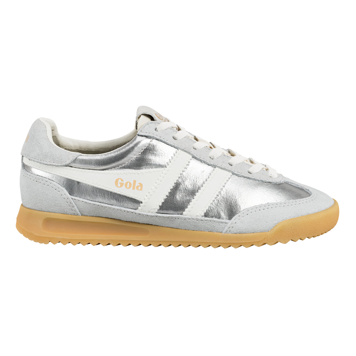 Gola Classics silver metallic trainer with white side stripes and gum sole