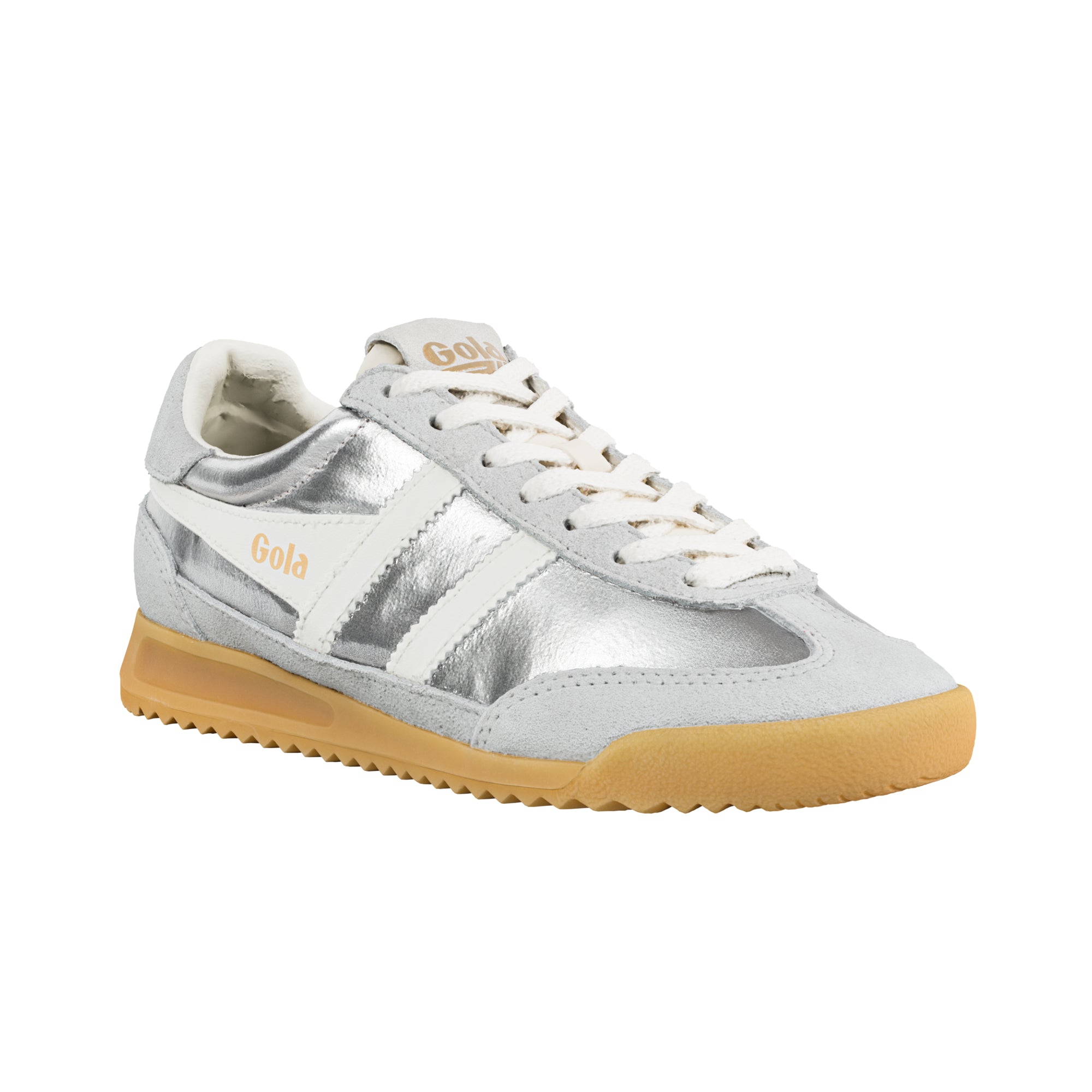 Gola Coaster trainers in silver with white stripes and a gum sole