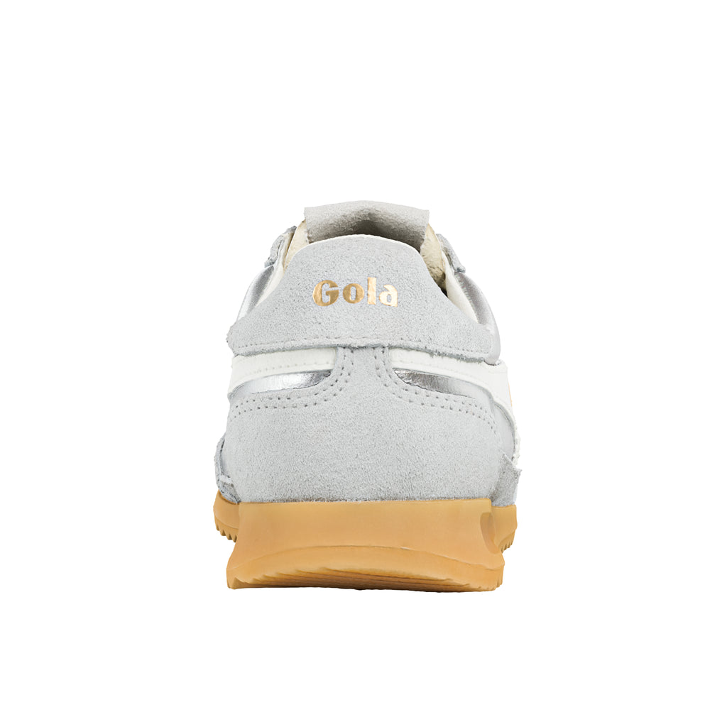 Rear view of a grey Gola trainer with a white stripe and a tan sole