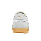 Rear view of a grey Gola trainer with a white stripe and a tan sole