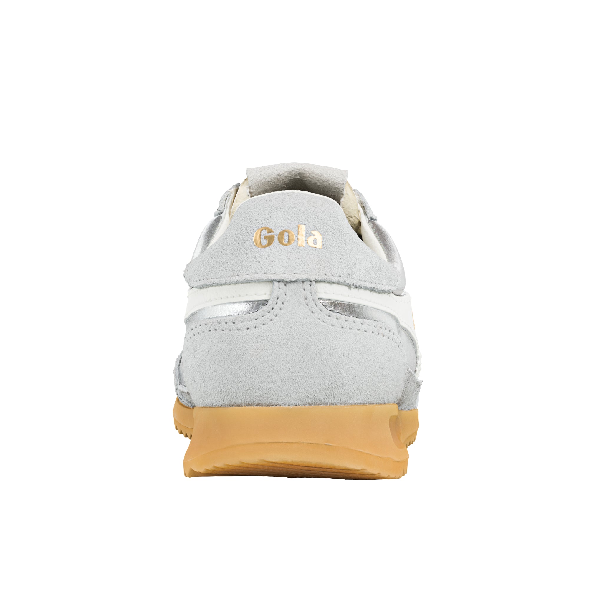 Rear view of a grey Gola trainer with a white stripe and a tan sole