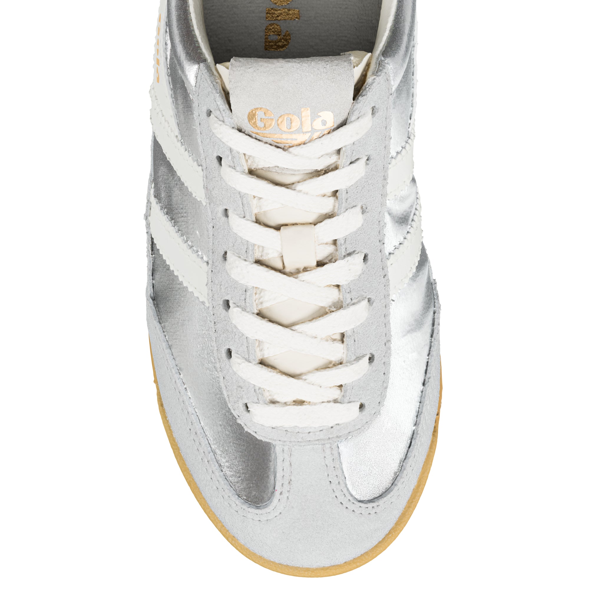 Close-up of a silver Gola trainer with white laces and stripes