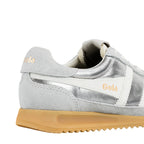 Close up of the heel of a silver Gola trainer with a tan sole