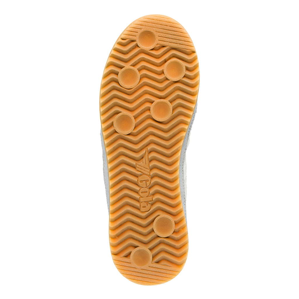 Underside of a grey trainer with a tan sole and Gola branding