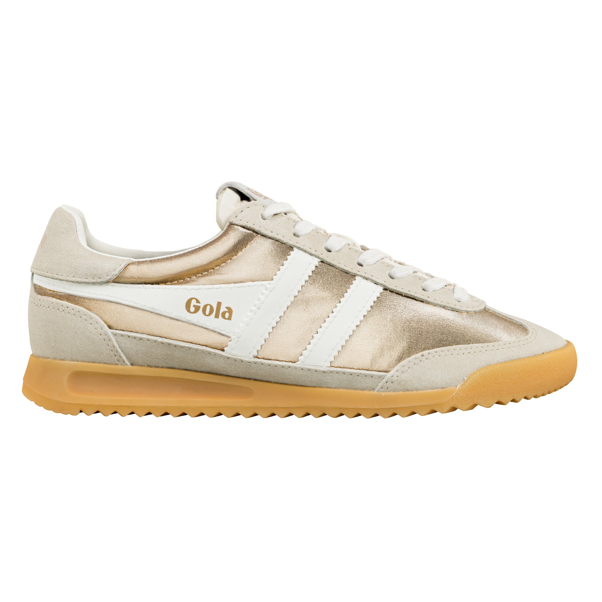 Gola women's trainer in gold with white stripes and a gum sole