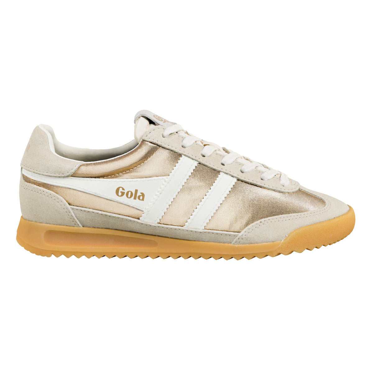 Gola Classics metallic gold and off-white trainer with gum rubber sole