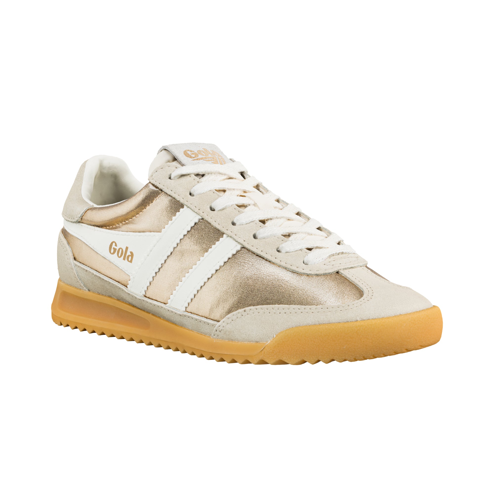 Gola Harrier trainer in gold and off-white with a gum sole