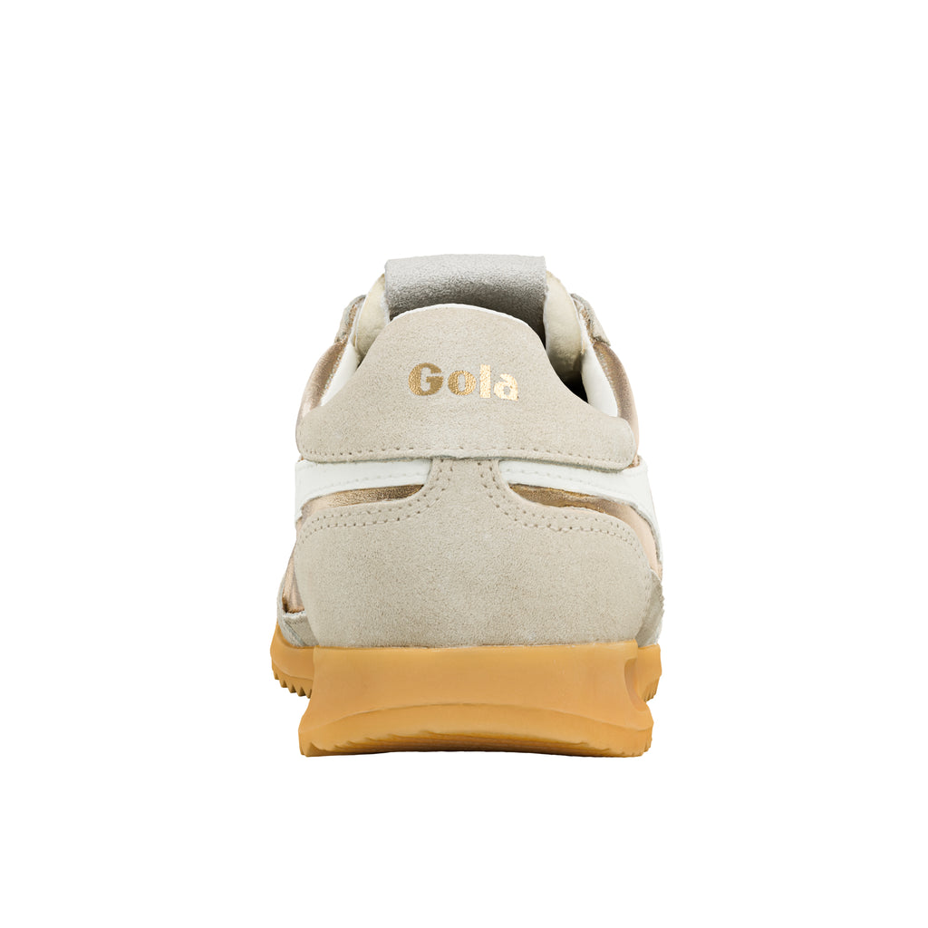 Rear view of a Gola trainer in beige suede with gold accents and a gum sole