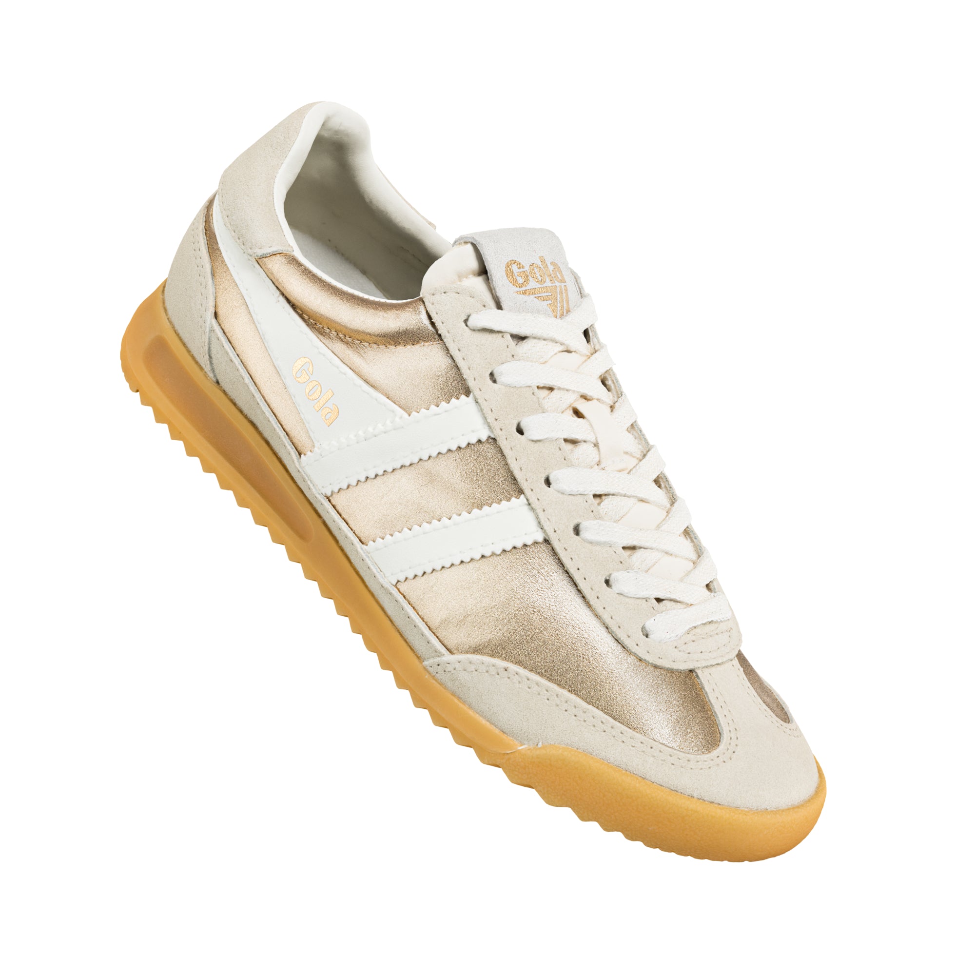 Gola women's trainer in off-white suede and metallic gold with a gum sole