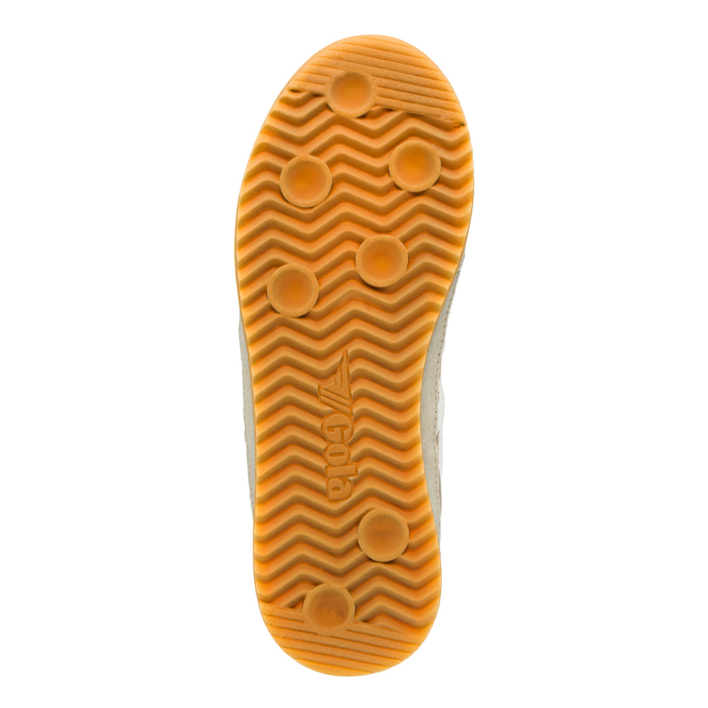 Underside of a Gola trainer with a tan sole and a wavy tread pattern