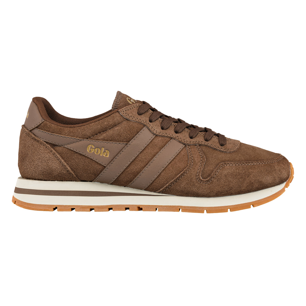 Brown suede Gola trainer with white midsole and gum rubber outsole