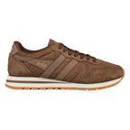 Brown suede Gola trainer with white midsole and gum rubber outsole
