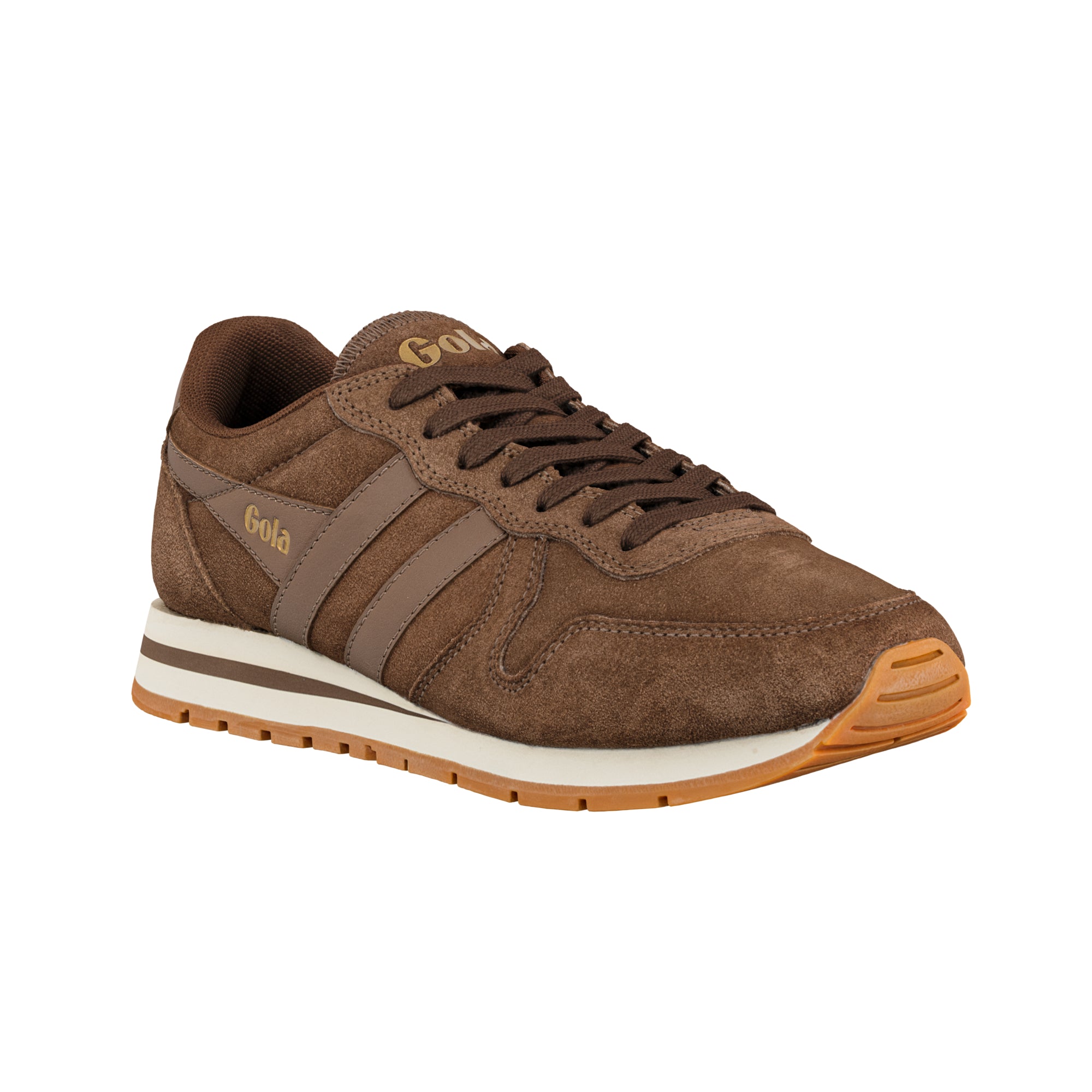 Brown suede Gola trainer with white midsole and gum rubber outsole