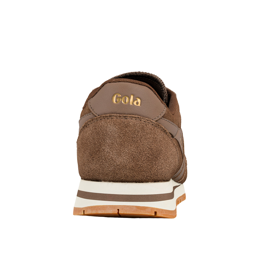 Rear view of a brown suede Gola trainer with a white and brown midsole and gum rubber sole