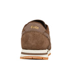 Rear view of a brown suede Gola trainer with a white and brown midsole and gum rubber sole