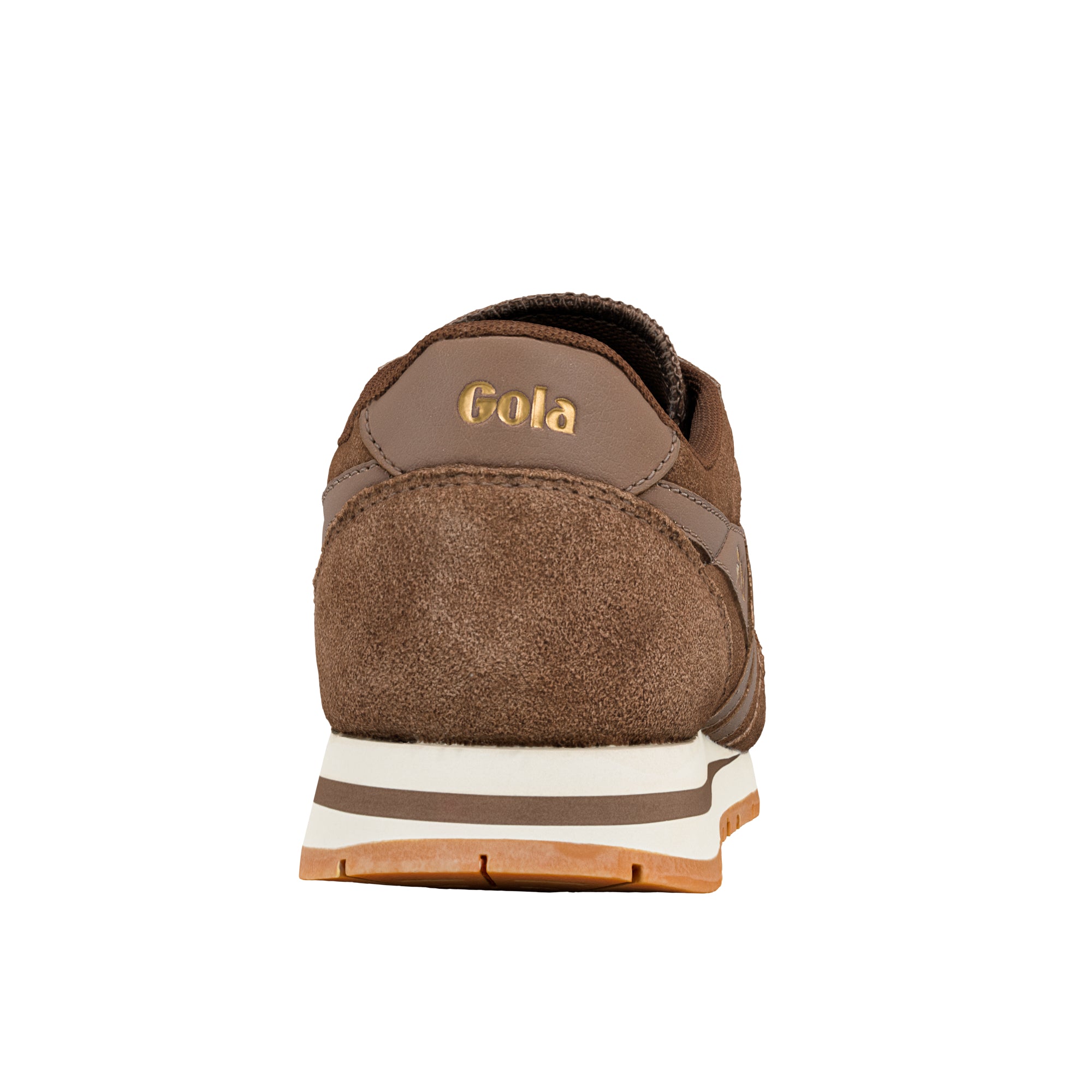 Rear view of a brown suede Gola trainer with a white and brown midsole and gum rubber sole