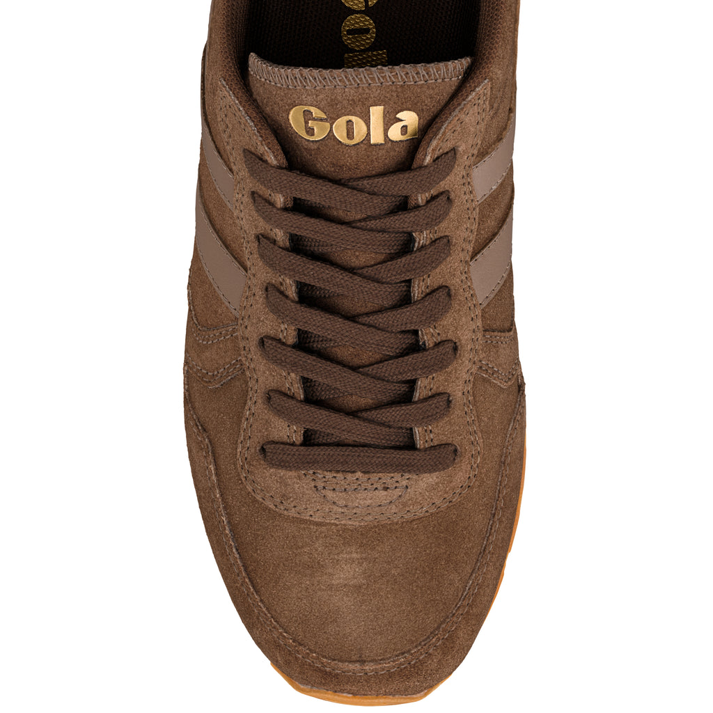 Top view of a brown suede Gola trainer with matching laces and gold branding on the tongue