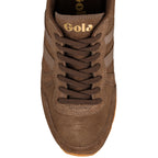 Top view of a brown suede Gola trainer with matching laces and gold branding on the tongue