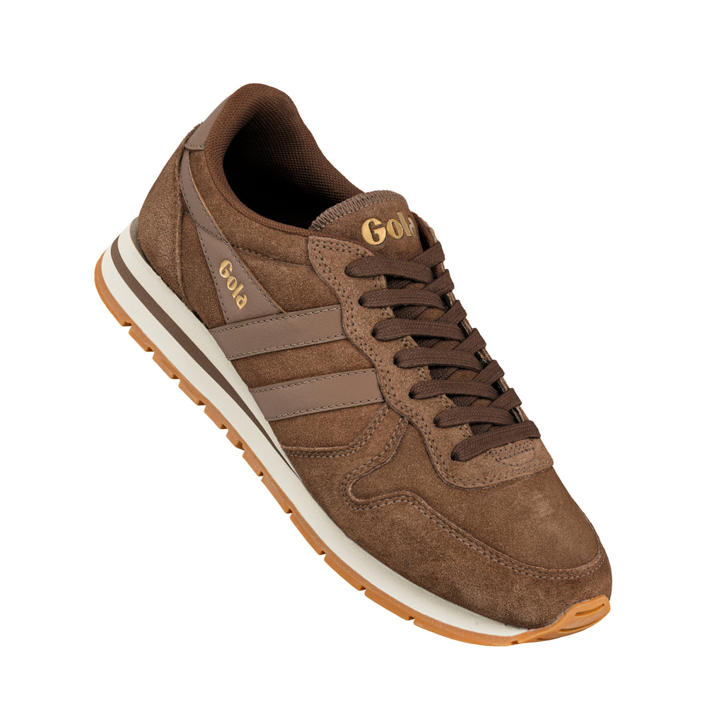 Brown suede Gola trainer with white midsole and gum rubber outsole