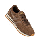 Brown suede Gola trainer with white midsole and gum rubber outsole