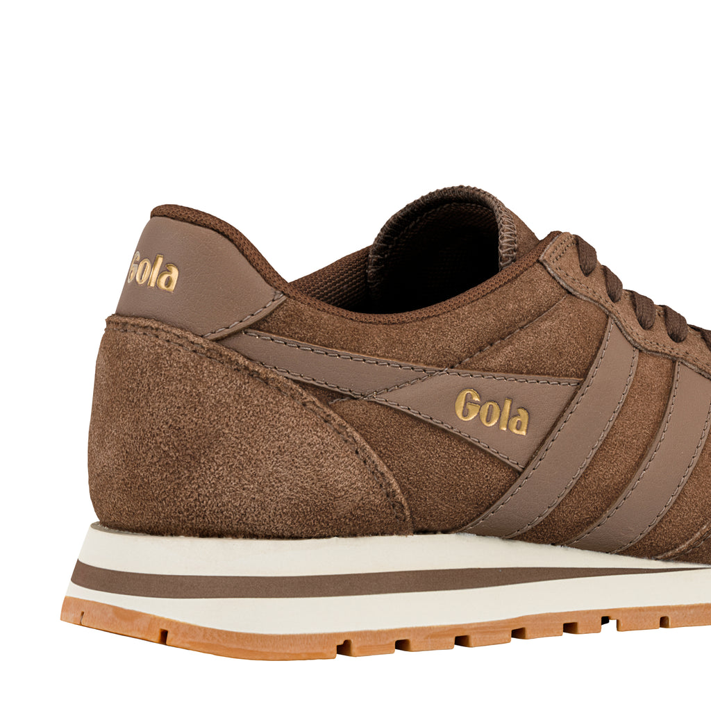 Rear view of a brown suede Gola trainer with a white midsole and gum rubber sole