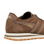 Rear view of a brown suede Gola trainer with a white midsole and gum rubber sole