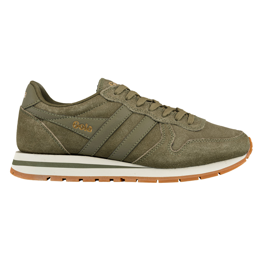 Olive green suede Gola trainer with white midsole and gum rubber outsole