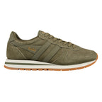 Olive green suede Gola trainer with white midsole and gum rubber outsole