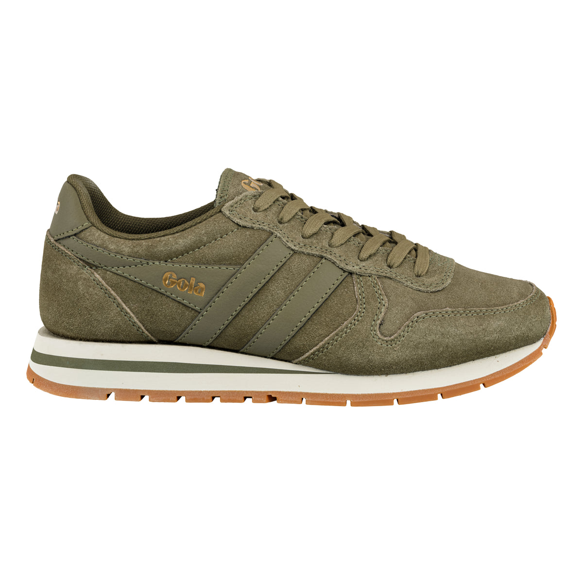 Gola Classics olive green suede trainer with white midsole and gum rubber sole