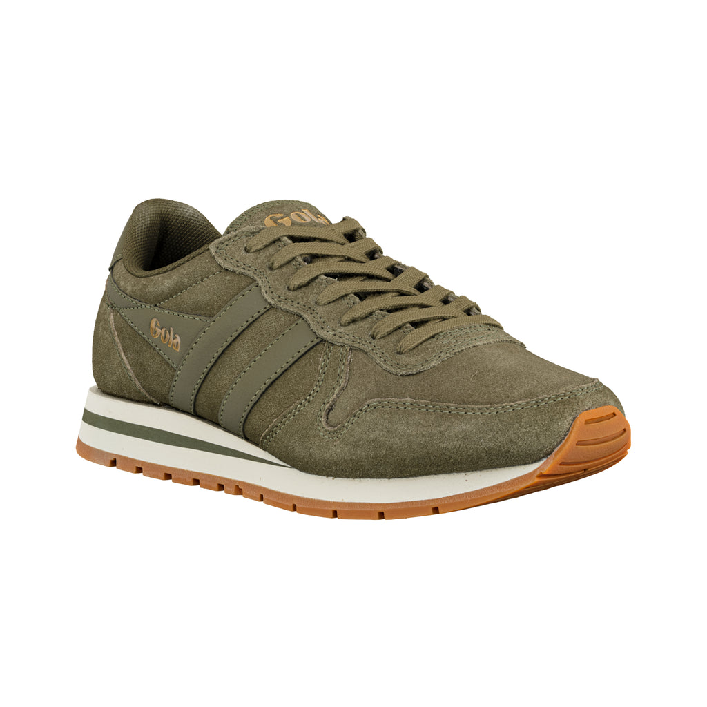 Olive green suede Gola trainer with white midsole and gum rubber outsole