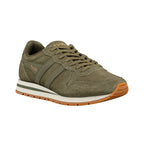 Olive green suede Gola trainer with white midsole and gum rubber outsole