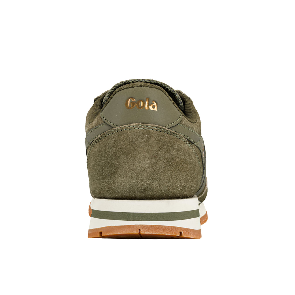 Rear view of an olive green Gola trainer with a white midsole and gum rubber sole