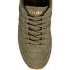 Top view of an olive green suede Gola trainer with matching laces and gold branding on the tongue