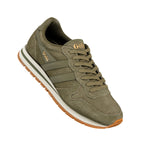 Olive green suede Gola trainer with white midsole and gum rubber outsole