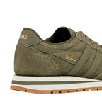 Olive green suede trainer with gold Gola branding and a white and gum rubber sole
